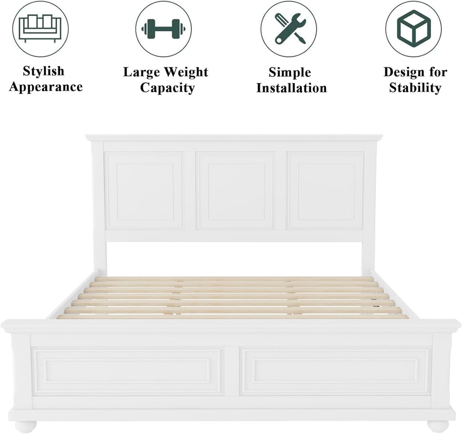Wood Bed Frame King with Tall Headboard & Footboard, Traditional King Panel Bed with USB Charging Station for Bedroom, Guest Room, Easy Assembly, No Box Spring Required,White
