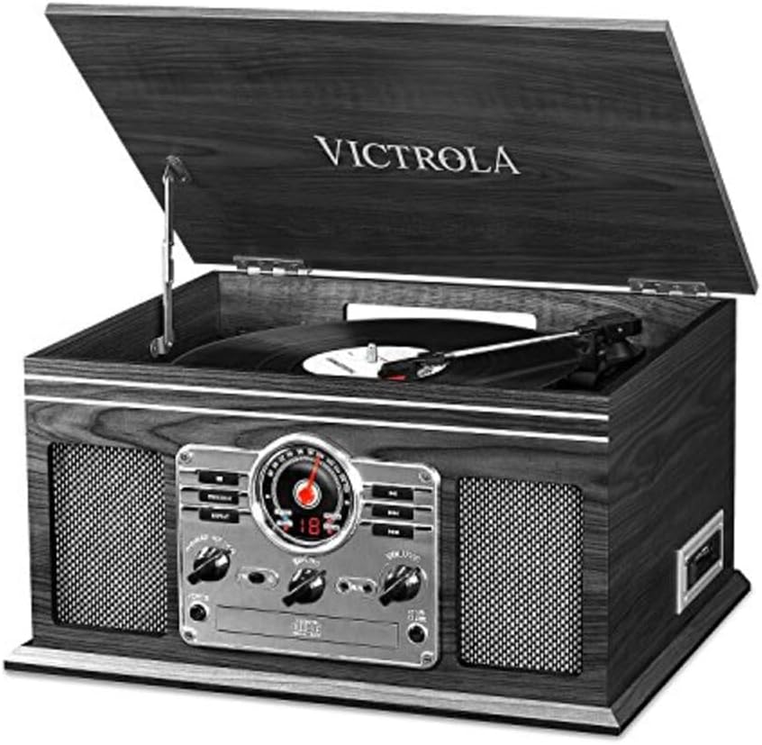 Victrola The Quincy 6-in-1 Bluetooth Record Player & Multimedia Center with Built-in Speakers – 3-Speed Turntable, CD & Cassette Player, FM Radio, Wireless Music Streaming (Grey Wood)