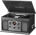 Victrola The Quincy 6-in-1 Bluetooth Record Player & Multimedia Center with Built-in Speakers – 3-Speed Turntable, CD & Cassette Player, FM Radio, Wireless Music Streaming (Grey Wood)