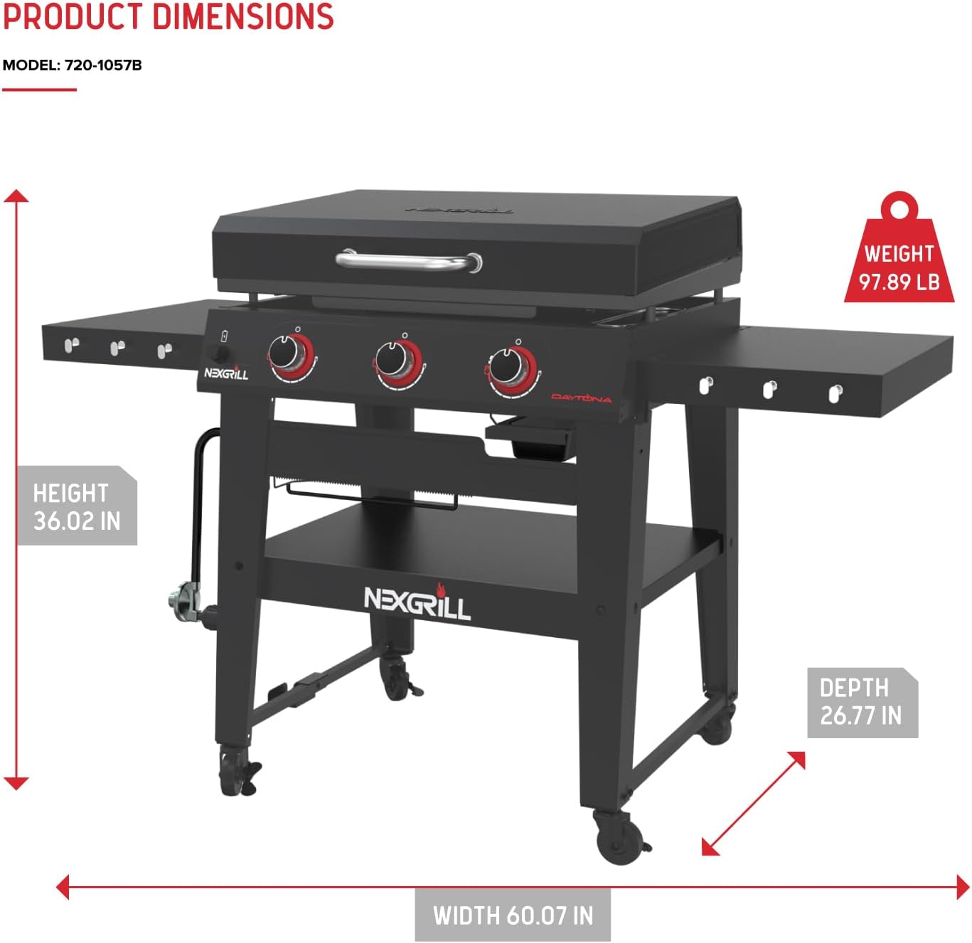 Nexgrill Daytona 3-Burner Propane Gas Griddle with Side Tables, 45000 BTUs Flat Top Grill, 630 SQ. in. Hot Rolled Steel Cooking Space, Outdoor Cooking Barbeque, Black - 720-1057B