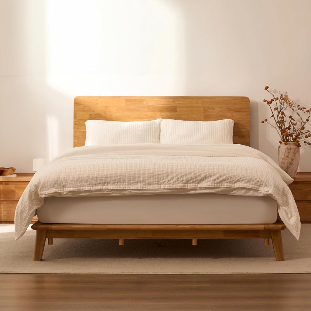 FLEXISPOT Hako G1 Solid Wood Platform Bed Frame Queen,Rubberwood,Tool-Free Assembly,Low Profile Floating,Storage Shelf&Charging Station,Modern Scandinavian Japanese Minimalist,Heavy Duty,Natural Oak