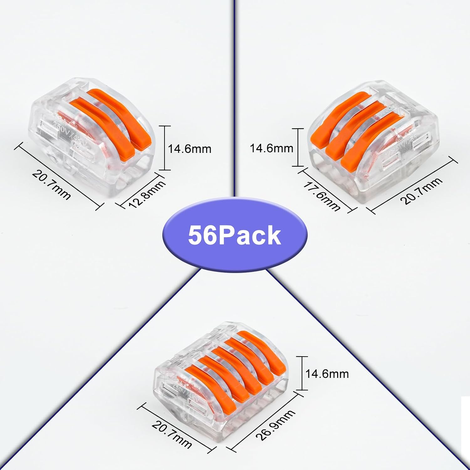 NineLeaf 56 Pcs Transparent Lever Wire Connectors Kit, 2/3/5 Port Electrical Wire Connectors with Test Hole, Push-in Lever Nuts for AWG 28-12, Reusable Quick Splice Connectors with Storage Box,100 Set