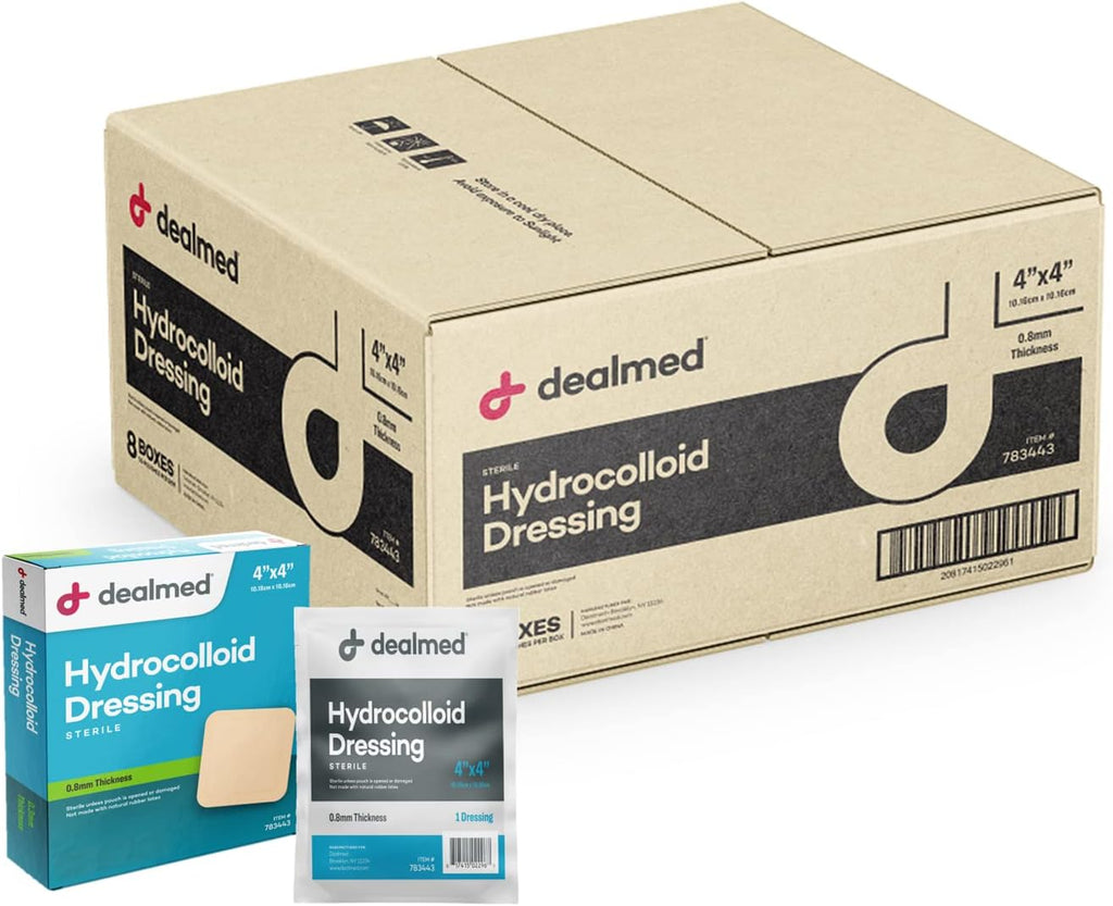 Dealmed Hydrocolloid Dressings–4' x 4' Standard Thickness Hydrocolloid Bandages, Wound Care Products for First Aid Kits, Box of 10, 24 Per Case and Individually Packed