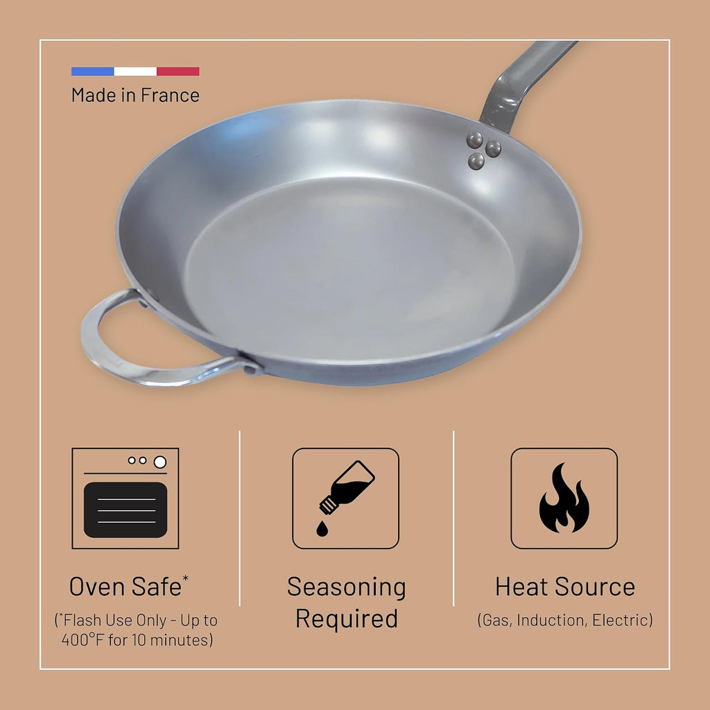de Buyer MINERAL B Carbon Steel Fry Pan - 12.5' Diameter, 9' Cooking Surface - Ideal for Searing, Sauteing & Reheating - Naturally Non-Stick Finish - Made in France
