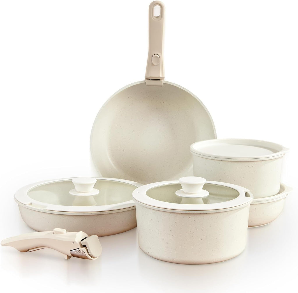 GOURMETIFIC® Pots and Pans Cookware Set [11 PIECES] - Non Toxic Ceramic Coated Cooking Ware - Induction, Gas & Oven Kitchenware - Non Stick Pot & Pan with Removable Handles & Stackable (Cream)