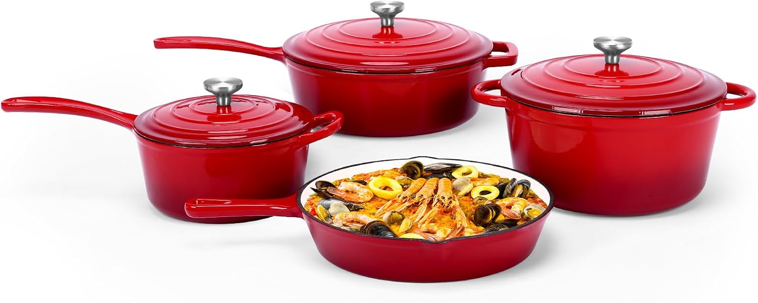 QuliMetal Nonstick Enameled Cast Iron Cookware Set, 4-Piece Pots and Pans Set with Lids, Dutch Oven for Sourdough Bread Baking, Oven Safe up to 500°F, Compatible with All Stovetops