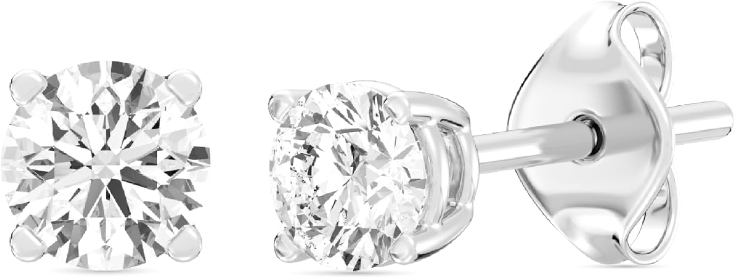Gilded Lab-Grown Diamond Stud Earrings | 925 Sterling Silver Studs and 14KT Gold 925 Plated Silver | Hypoallergenic Fine Jewelry | 4-Prong Basket, Push Back Nut | Round Cut, SI1 Clarity, F Color | 1/10,1/5,1/4,1/3,3/8,1/2,3/4,7/8,1,1 1/2 ct tw