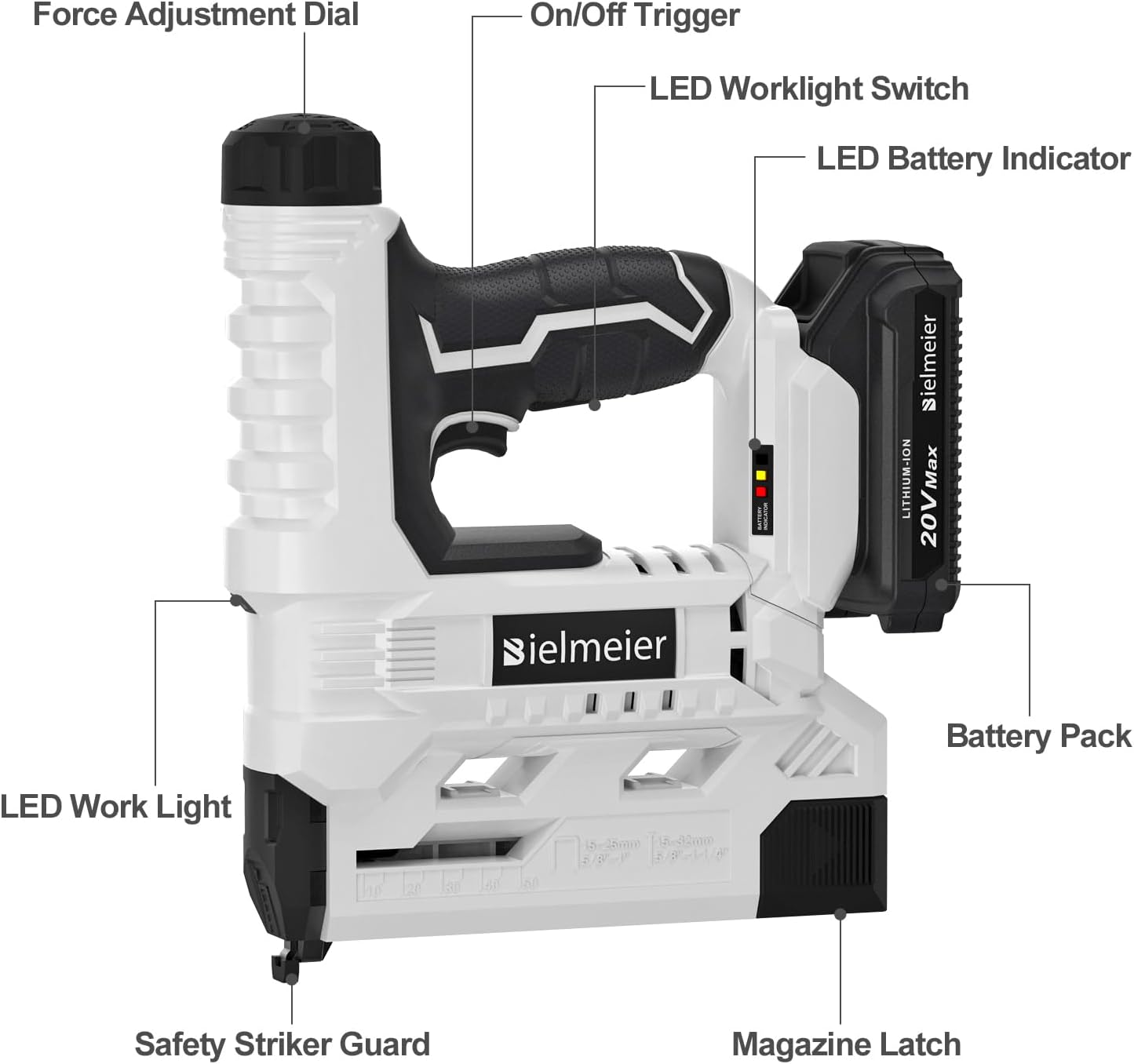 BIELMEIER 20V Nail Gun Battery Powered, 18 Gauge 2-in-1 Cordless Brad Nailer Stapler for Carpentry and Upholstery, Upgraded Electric Staple Gun Includes 2.0Ah Battery, Charger, 1600 Nails and Staples
