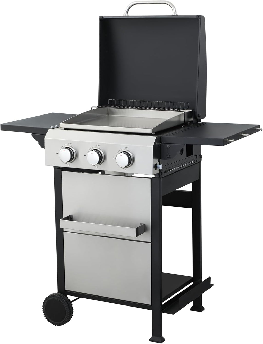 3-Burner Propane Gas BBQ Grill, Portable Outdoor Grill with Stainless Steel Plancha and 36900 BTU Output, Foldable Side Table & Hanging Baskets, Gas for Backyard, Camping and Tailgating (45 IN)