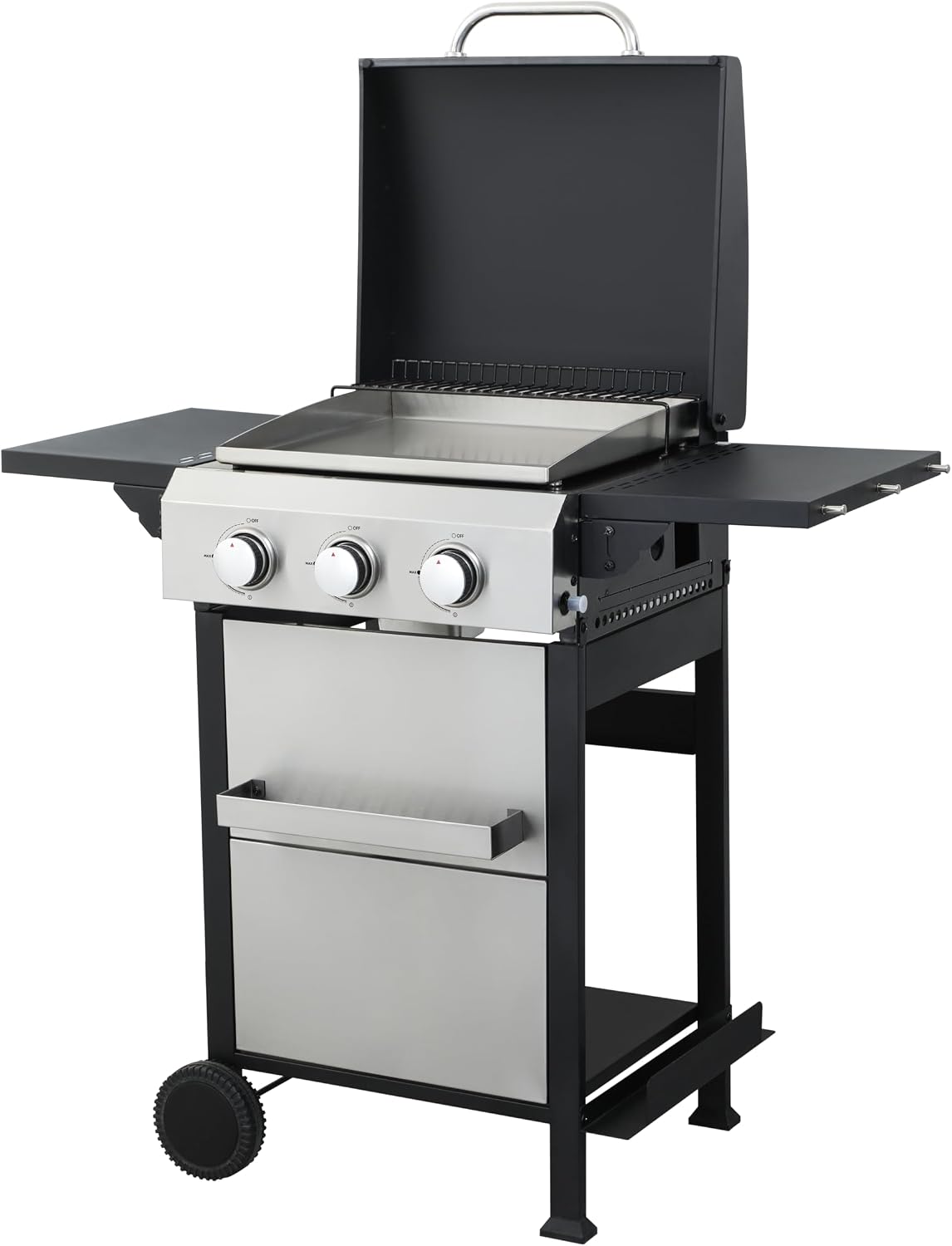 3-Burner Propane Gas BBQ Grill, Portable Outdoor Grill with Stainless Steel Plancha and 36900 BTU Output, Foldable Side Table & Hanging Baskets, Gas for Backyard, Camping and Tailgating (45 IN)