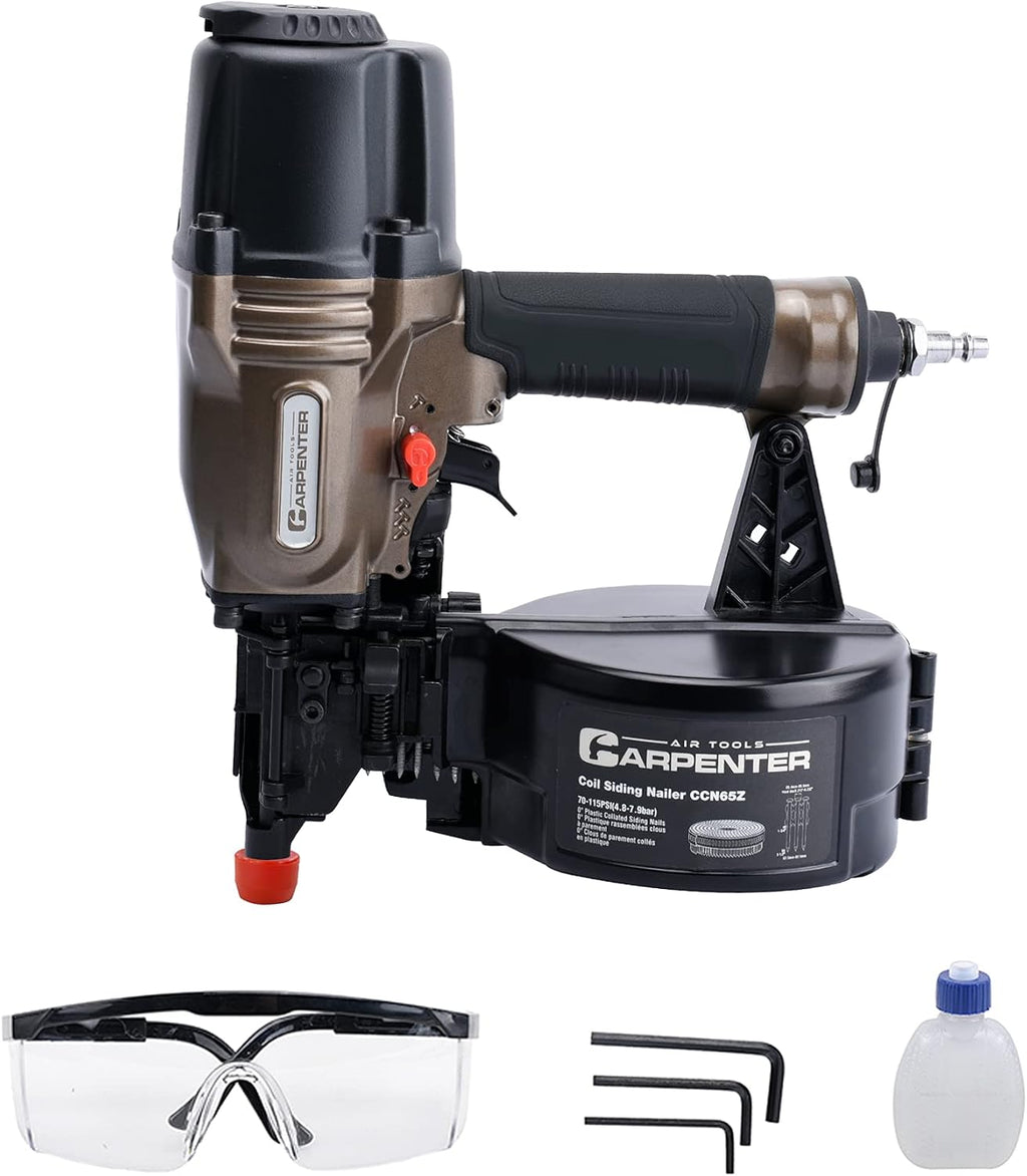 CCN65Z 0 Degree 1-1/2″ to 2-1/2″ Pneumatic Coil Siding Nailer with Tool-less Depth Adjustment, Drives plastic collated nails.