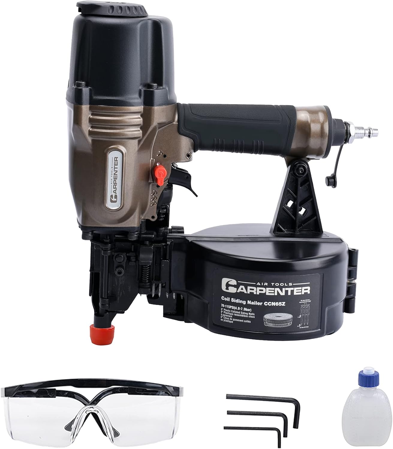 CCN65Z 0 Degree 1-1/2″ to 2-1/2″ Pneumatic Coil Siding Nailer with Tool-less Depth Adjustment, Drives plastic collated nails.