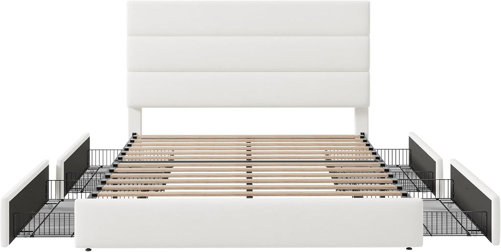 Allewie Modern Full Size Platform Bed Frame with 4 Storage Drawers and Velvet Upholstered Headboard, Wooden Slats Support, Upholstered Mattress Foundation/No Box Spring Needed/Easy Assembly, White