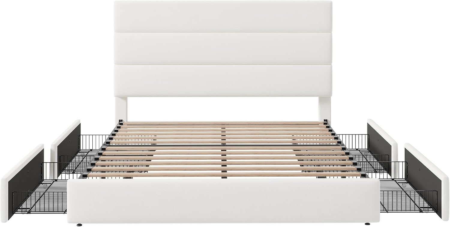 Allewie Modern Full Size Platform Bed Frame with 4 Storage Drawers and Velvet Upholstered Headboard, Wooden Slats Support, Upholstered Mattress Foundation/No Box Spring Needed/Easy Assembly, White