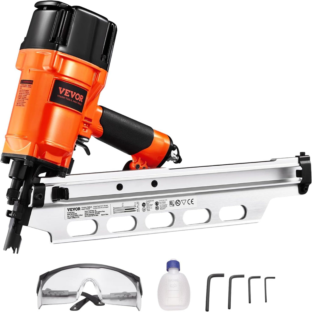 VEVOR Framing Nailer, 2' to 3-1/2' 21 Degree Full Round Head Pneumatic Framing Nailer with Dual Trigger Modes & Tool-Less Depth Adjustment, 80-120PSI Pro Air Nail Gun for Framing Flooring Decking
