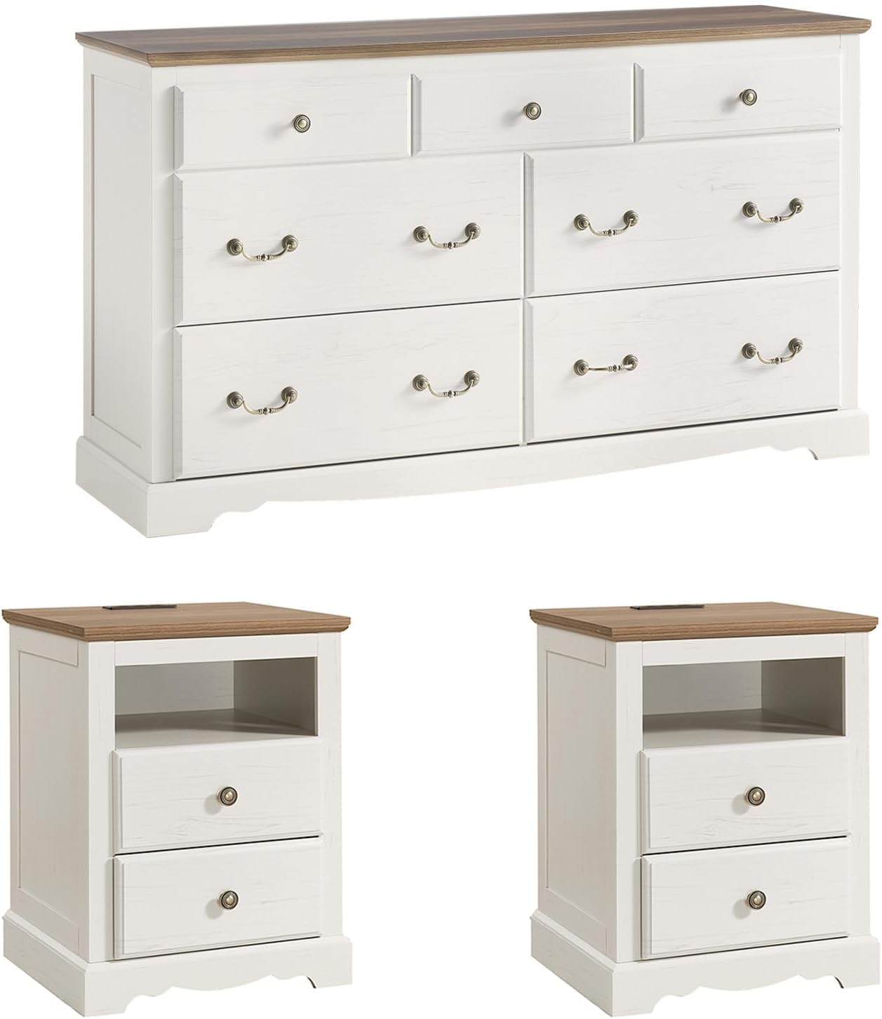 AMERLIFE Farmhouse 3 Pieces Bedroom Sets, Include 54' Wide 7 Drawers Dresser, Nightstand Set of 2 with Charging Station, Rustic Retro Bedroom Furniture Set, White