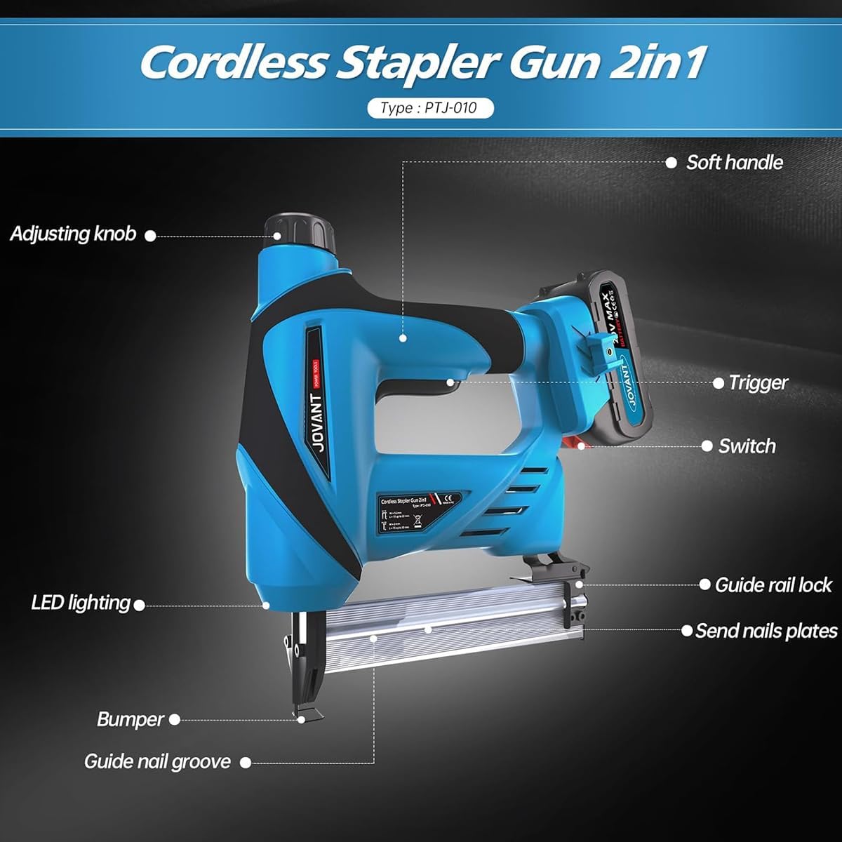 Nail Gun Battery Powered, Cordless Nail Gun with 2 * 2.0Ah Li-ion Battery, 20V 2 in 1 Electric Nail Gun with Staple Remover, Battery Nail Gun for Upholstery, Small Projects and Woodworking