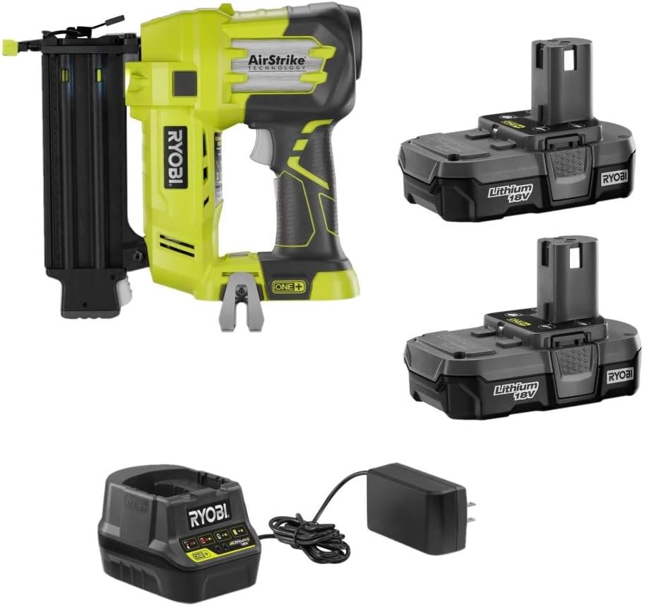 Ryobi 18 Volt Air Strike 5/8-2in Brad Nailer P320 + (2) Batteries P102 + Charger P118 (Renewed)