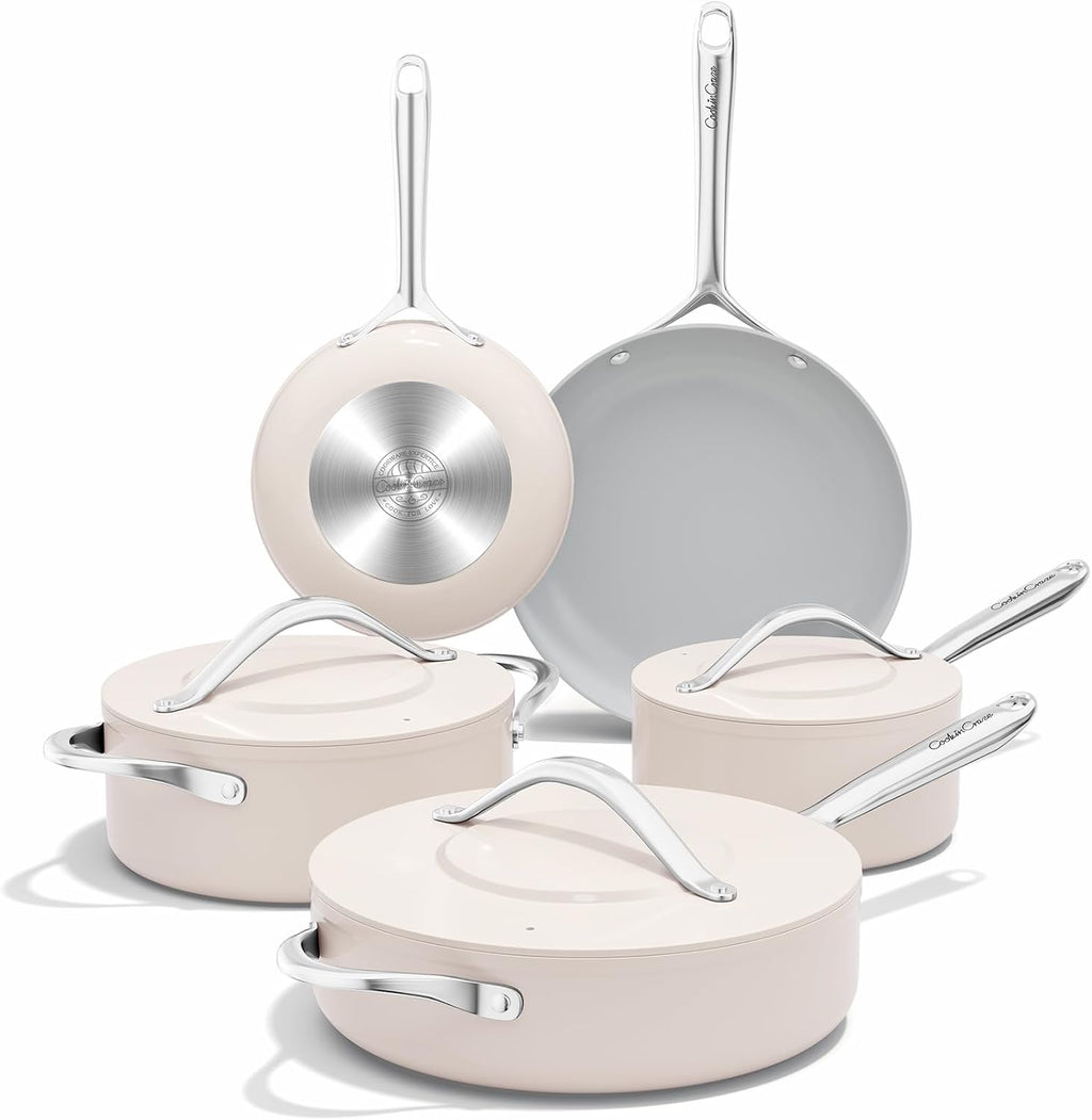 CookinCraze Ceramic Cookware Set, Pots and Pans Set Nonstick with Lid PFAS & PFOA Free, Induction Compatible Oven Safe Up to 500°F Even Heat Distribution, Cream