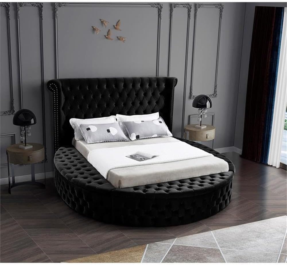 Meridian Furniture Luxus Collection Modern | Contemporary Round Shaped Velvet Upholstered Bed with Deep Button Tufting and Footboard Storage, King, Black
