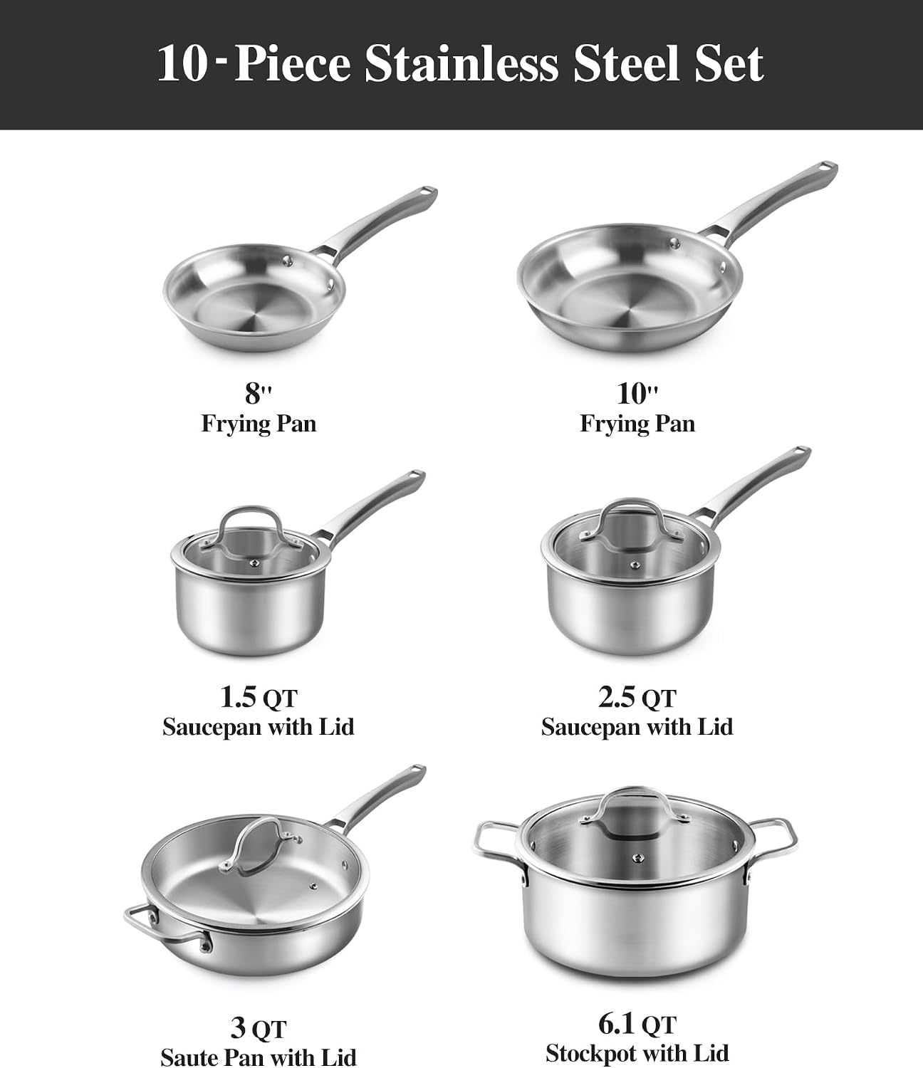 Stainless Steel Cookware Set,Tir-Ply Pots and Pans Set,10 Pcs Stainless Steel Induction Kitchen Cookware Sets,PFOA Free, Frying Pans, Butter warmer,Saute Pan & Stock Pot,Compatible with All Cooktops