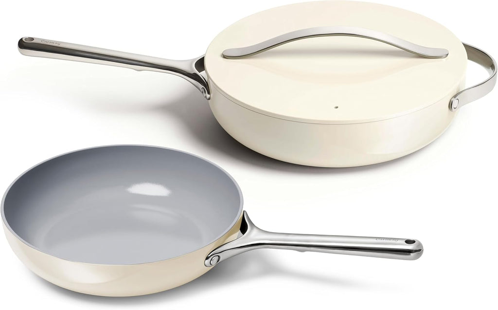 Caraway Fry Pan and Sauté Pan Duo - 10.5' Ceramic Frying Pan and 11.8' Deep Sauté Pan with Lid - Non Stick, Non Toxic, Oven Safe - Cream