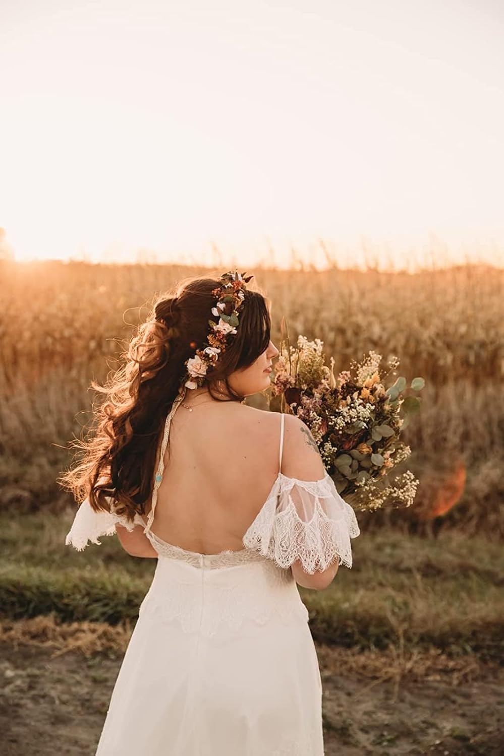 Women's Wedding Dresses Chic Lace Evening Dresses V Neck Ruffle Sleeves Beachy Boho Outdoorsy Wedding Gowns