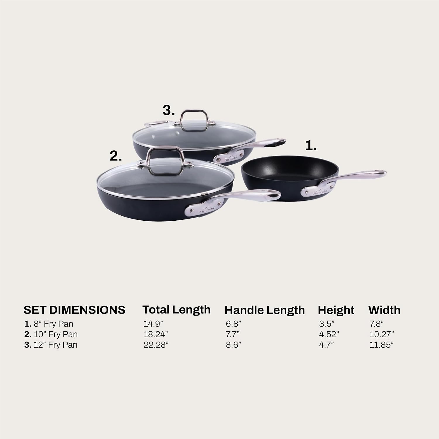 All-Clad HA1 Expert Hard Anodized NonstickFrying Pans Skillets Set with Lids (8', 10' & 12') Dishwasher-Safe, Oven-Safe Up to 500°F Compatible with All Stovetops (Gas, Electric & Induction) - Black