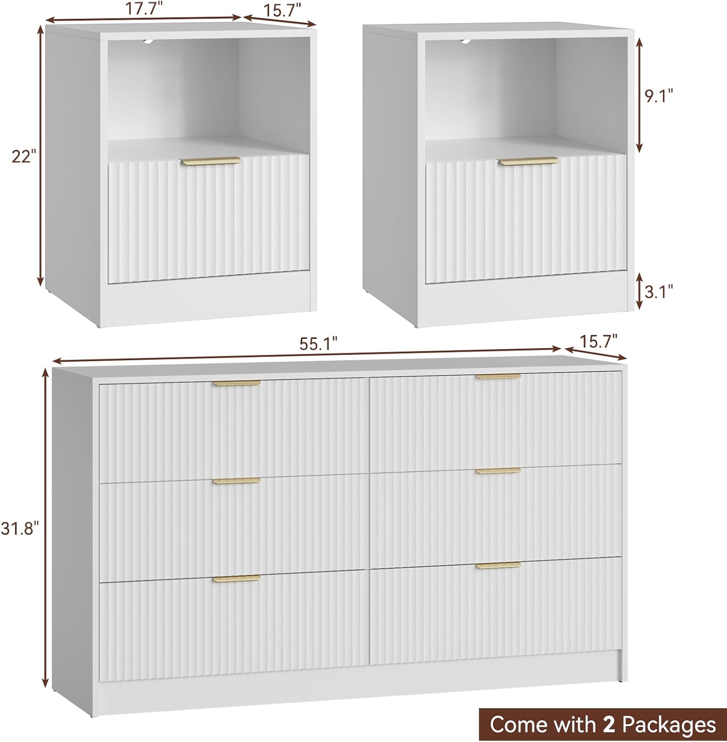 6 Drawer Dresser & Nightstand Set 3-Piece, 55' Wide Bedroom Set Night Stand Set of 2 with Metal Handle, Fluted Modern Wood Chest of Drawers Storage Dressers Set for Bedroom, White