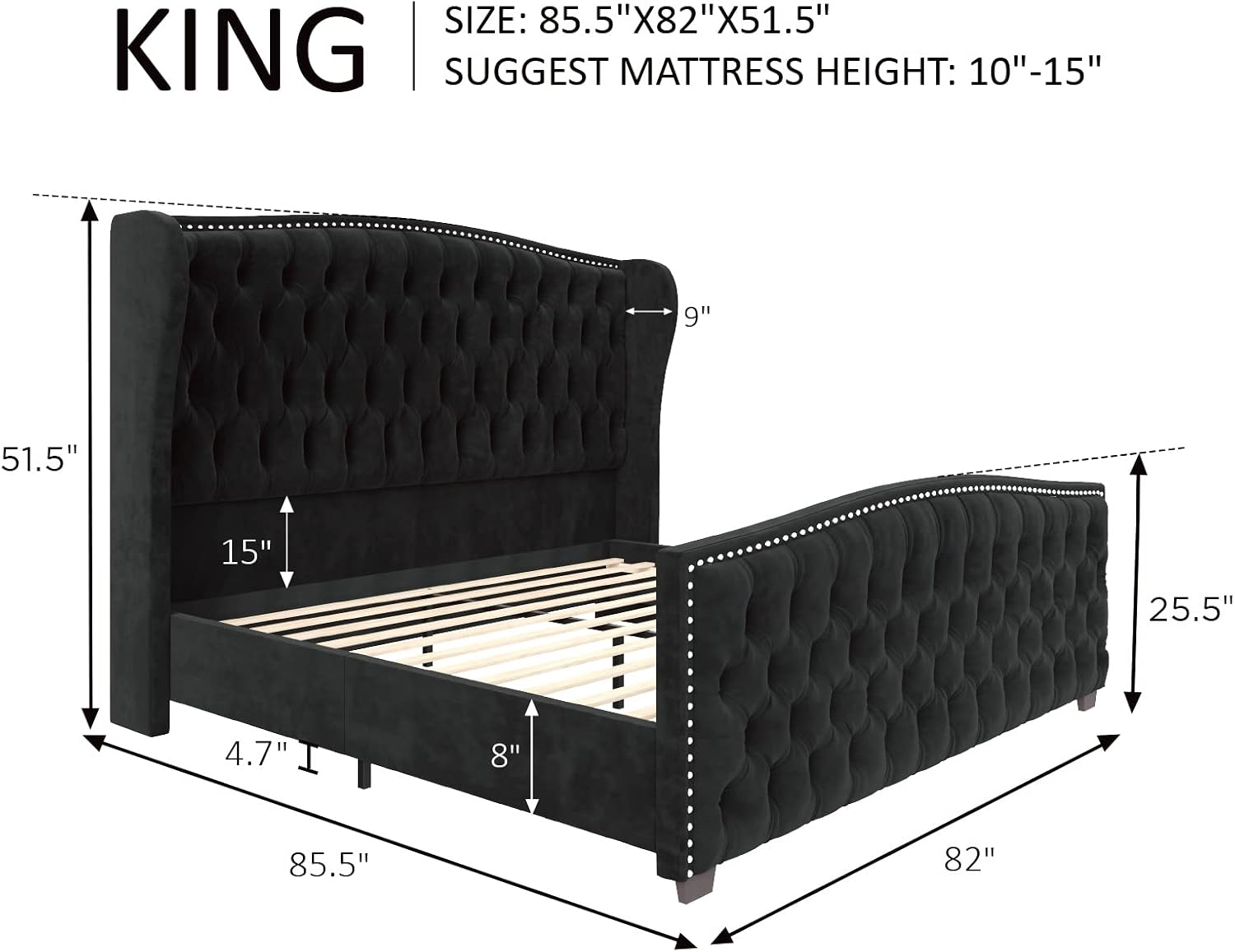 AMERLIFE King Size Platform Bed Frame, Velvet Upholstered Bed with Deep Button Tufted & Nailhead Trim Wingback Headboard/No Box Spring Needed/Black