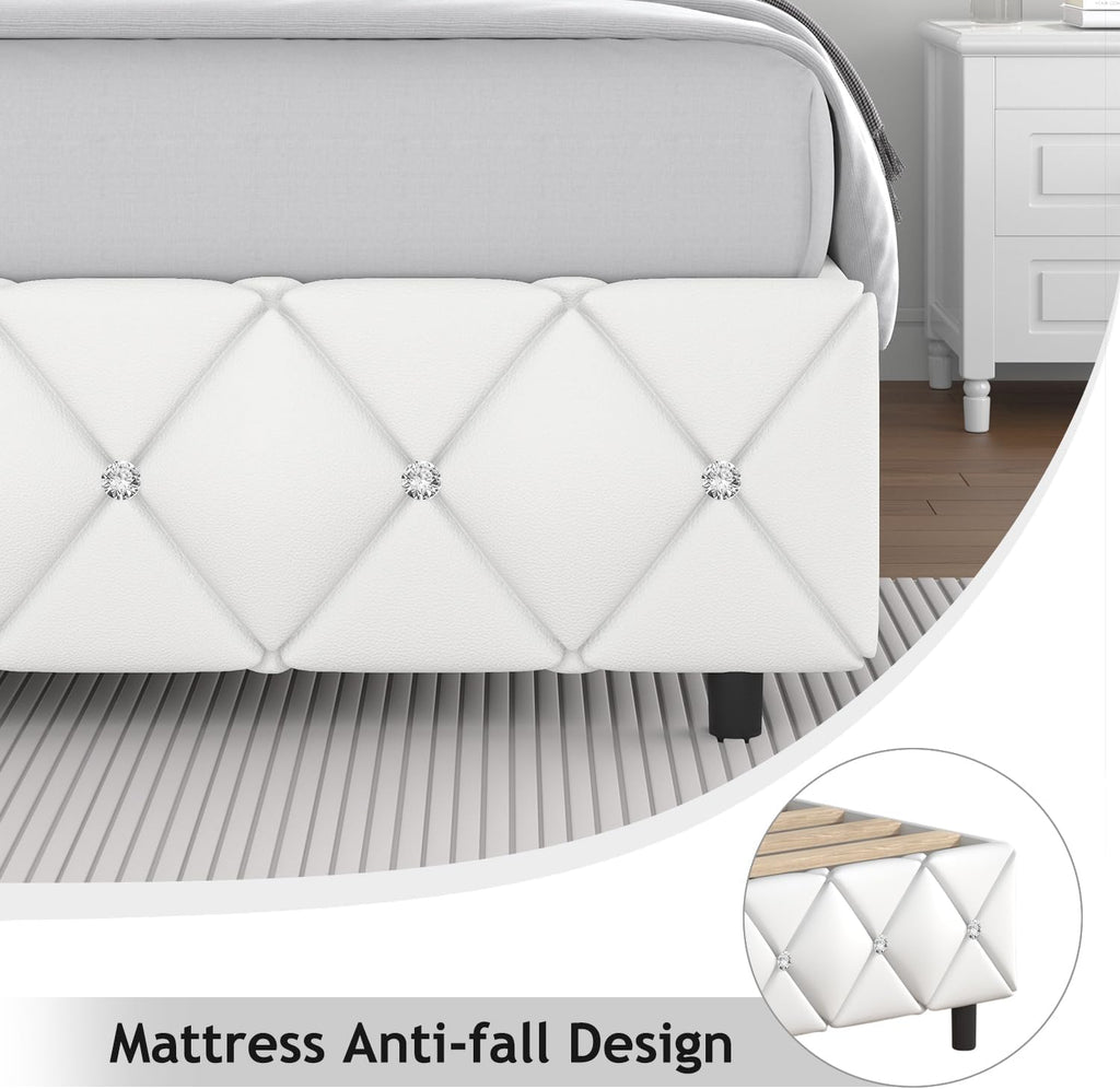 Full Bed Frame, Faux Leather Platform Bed with Upholstered Diamond Headboard, Mattress Foundation with Strong Wooden Slats Support, No Box Spring Required, Easy Assembly, White