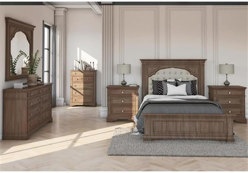 Steve Silver Company Highland Park 83.5' x 90' Farmhouse Wood & Fabric Upholstered Panel King Bed with Button Tufted Headboard, Low Vertical Planked Inset Footboard, in Driftwood Gray Finish