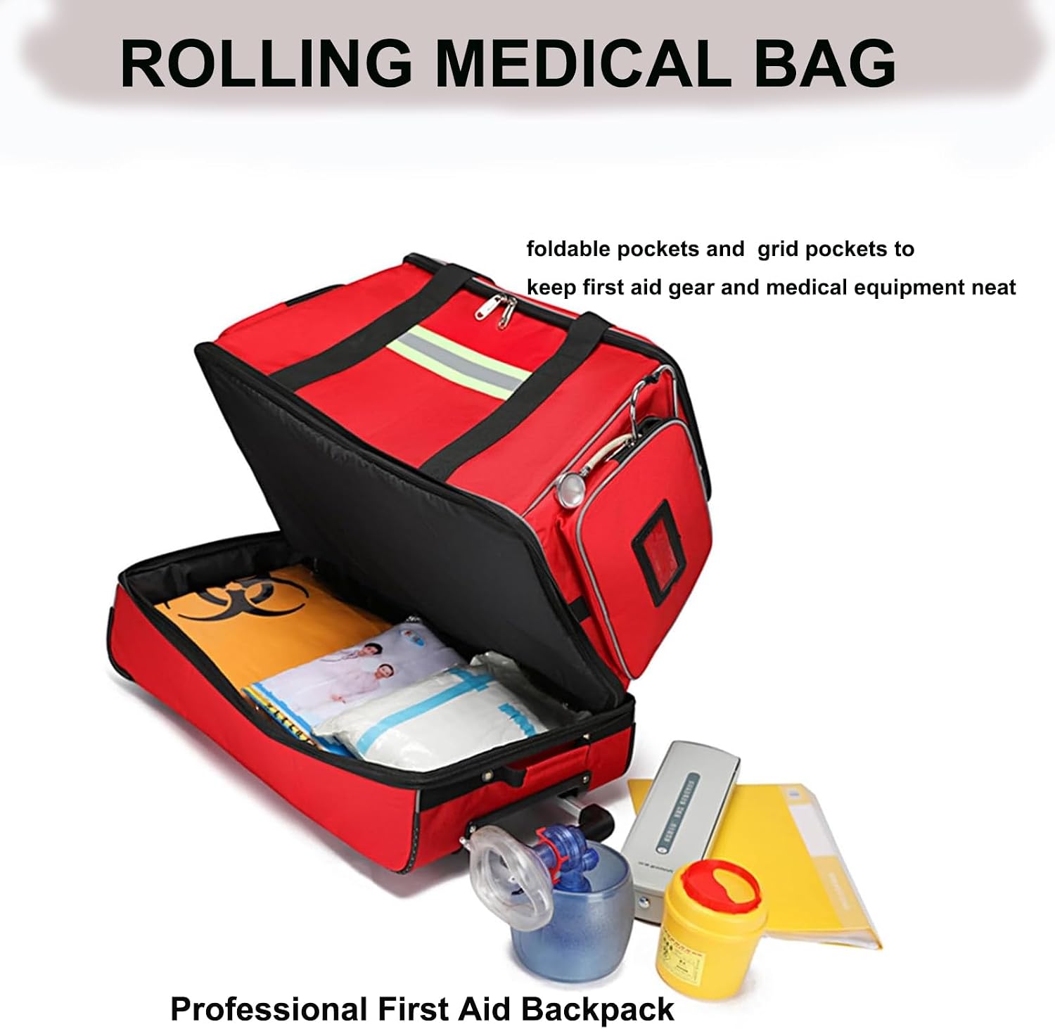 Nurse Rolling Bag Emergency Rescue Kit for Outdoor Hiking, Large Capacity Medical Trolley Bag Empty, with Multiple Pockets and Compartments, for Home Health Nurses, Doctors, EMT, EMS