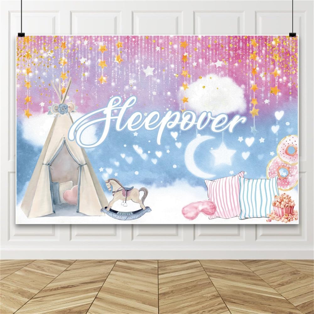 20x10ft Sleepover Party Backdrop for Girls Movie Night Slumber Party Birthday Party Decorations Colorful Pajama Girls Pillow Fight Theme Background Spa Makeup Night Banner Cake Table Supplies