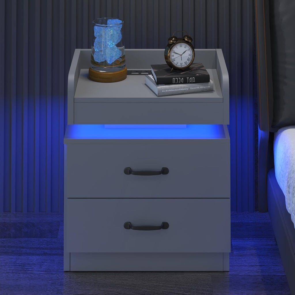 4ever2buy Grey Nightstand Set of 2 with Charging Station and LED Lights Modern Bedside Tables with 2 Drawers for Bedroom
