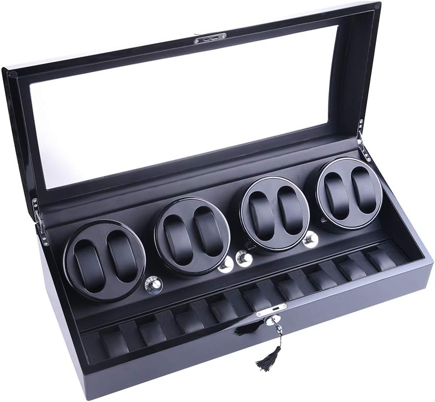 Luxury 4 Motor Quad Watch Winders for Automatic Watches, Safe & Wooden Display Box Case 8+9 Storage (Black)