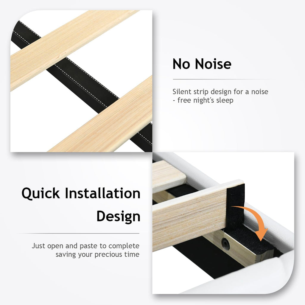 Queen Bed Frame, Faux Leather Platform Bed with Upholstered Diamond Headboard, Mattress Foundation with Strong Wooden Slats Support, No Box Spring Required, Easy Assembly, White