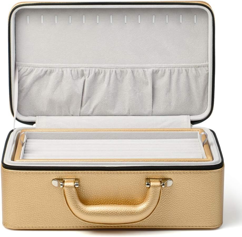 Oirlv Gold Leather Jewelry Box Handmade Travel Jewelry Organizer Storage Case Holder For Girl Lady Earring,Ring,Necklace,Pendant,Watch,Bracelet.(3 layers)