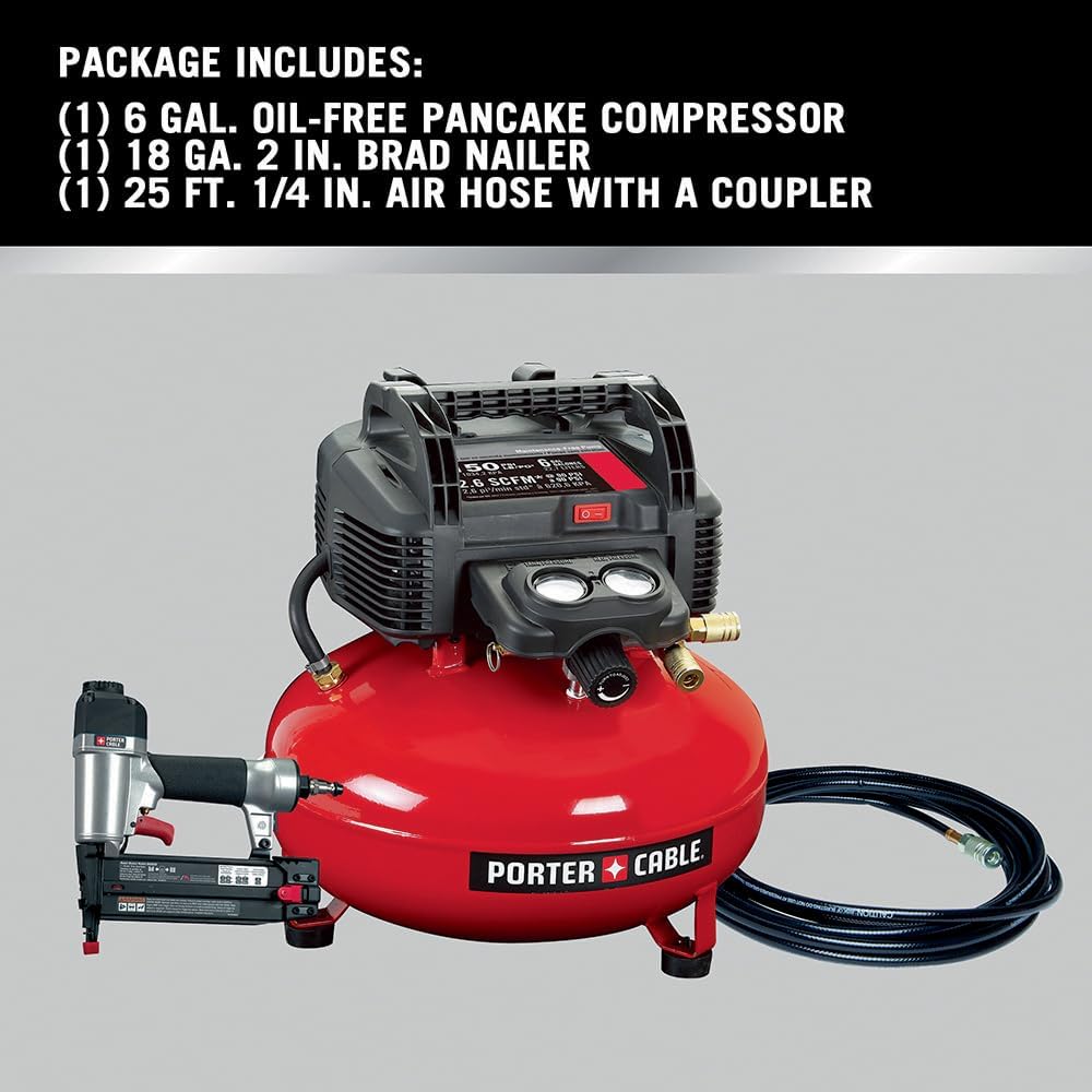 PORTER-CABLE Combination Kit Pancake Air Compressor 6 Gallon, 150 Max PSI and 2.6 CFM @ 90 PSI and Brad Nailer 18 Gauge with 100 Nail Magazine Capacity