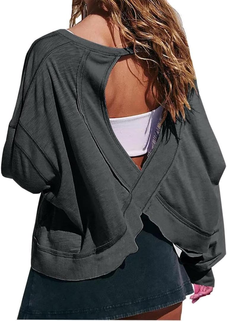 FMCHICO Backless Top for Women Crop Oversized Crewneck Pullovers Casual Loose Long Sleeve Shirts Running Y2k Yoga Outfits