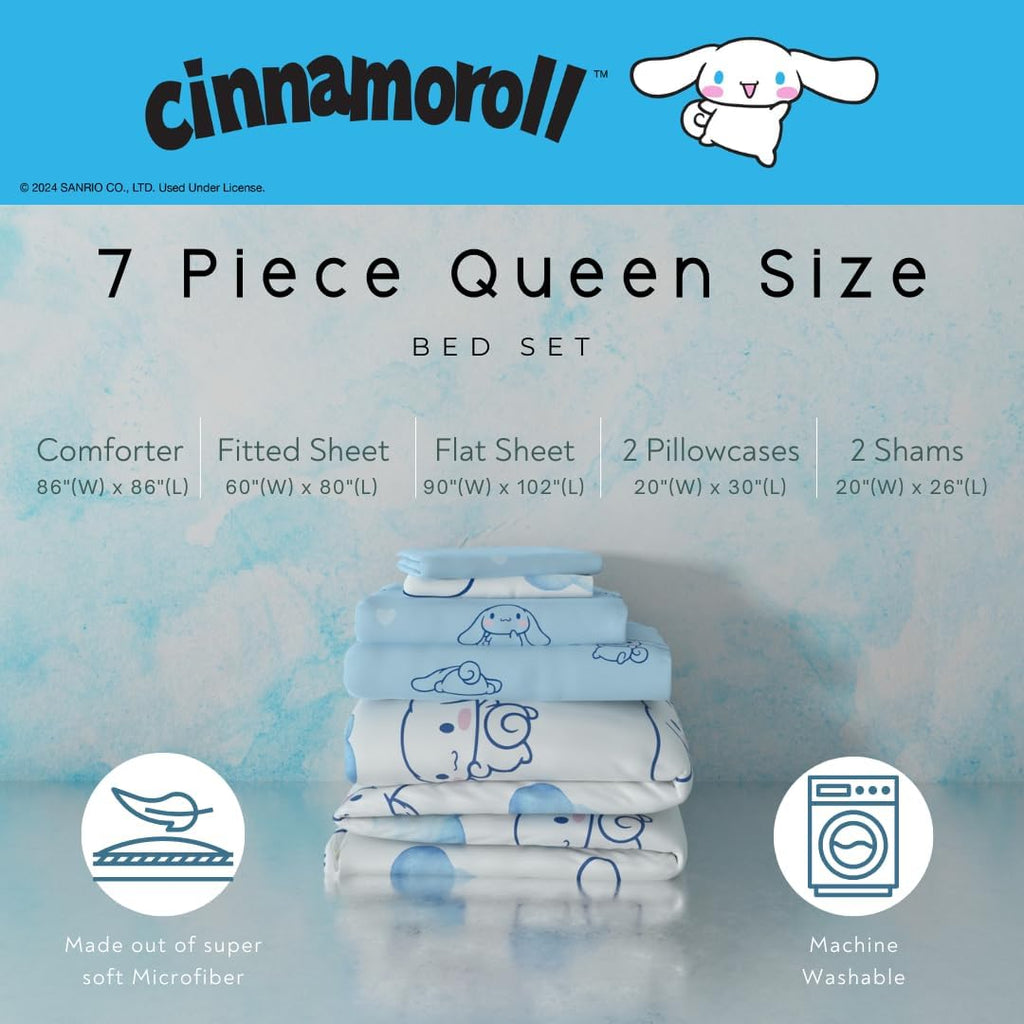 Cinnamoroll Bedding 7 Piece Super Soft Cozy Reversible Comforter and Sheet Set with Sham, Queen, (100% Official Licensed Product) by Franco