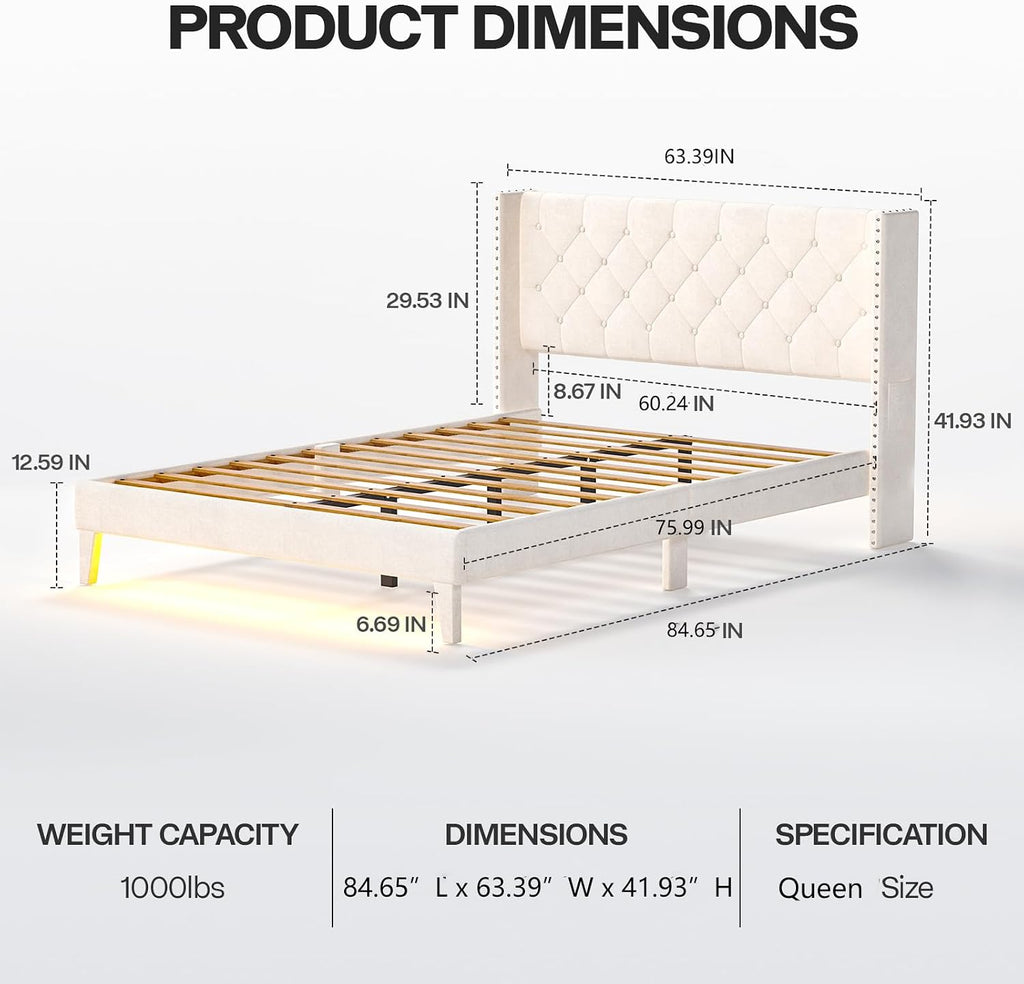 Lihimte Queen Size Bed Frame with Led Lights, Upholstered Velvet Platform Bed Frames with Button Tufted Wingback Headboard and Footboard, Wooden Slats Support, No Box Spring Needed, Beige