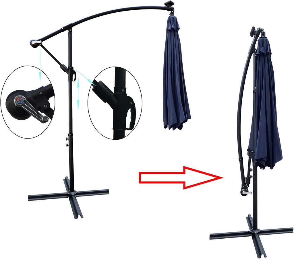 10FT Solar Powered Patio Umbrella, Market Table Umbrella with 24 LED Lights & 8 Sturdy Ribs, Cantilever Patio Umbrella with base, Offset Umbrella for Garden Lawn Deck Backyard Pool