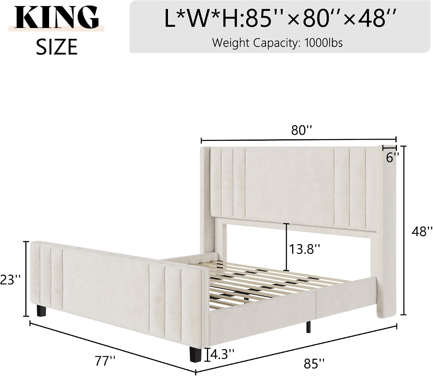 AMERLIFE King Size Bed Frame, Velvet Upholstered Platform Bed with Vertical Channel Tufted Headboard & Footboard/Wingback, Mattress Foundation with Wood Slats, No Box Spring Needed, Cream