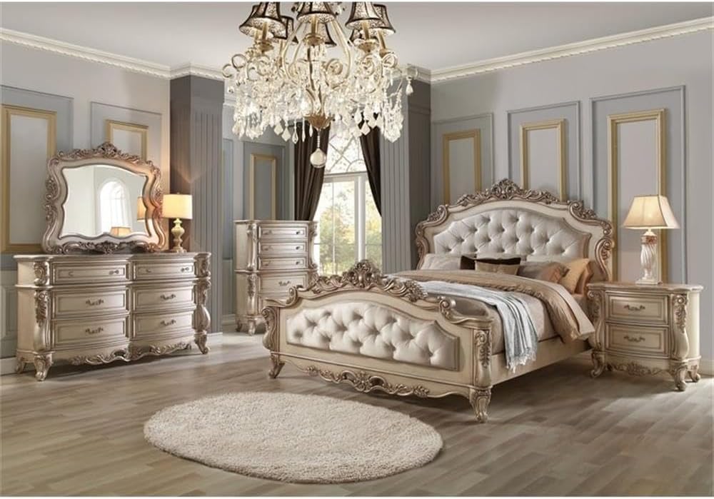 Acme Gorsedd Tufted Eastern King Panel Bed in Cream Fabric and Golden Ivory