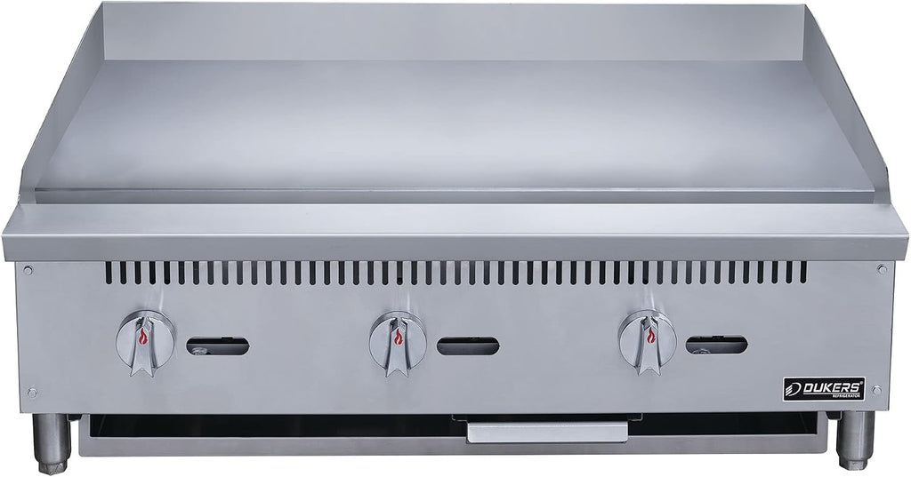 Dukers DCGMA36 36' in. W Commercial Countertop Gas Griddle, 1 Burner, NG/LPG (Natural Gas/Liquid Propane) 30,000 BTU 1 inch Plate with Manual Controls