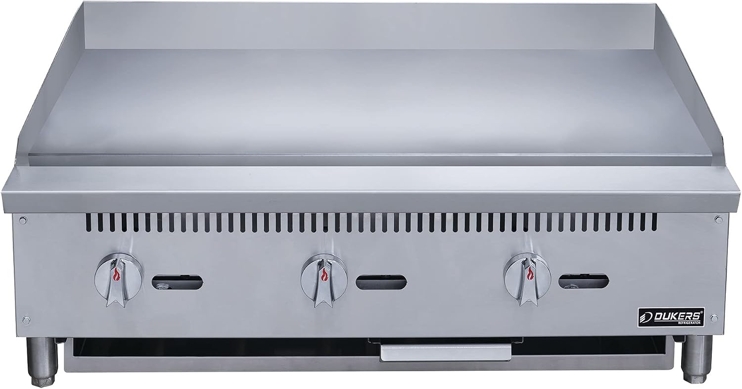Dukers DCGMA36 36' in. W Commercial Countertop Gas Griddle, 1 Burner, NG/LPG (Natural Gas/Liquid Propane) 30,000 BTU 1 inch Plate with Manual Controls