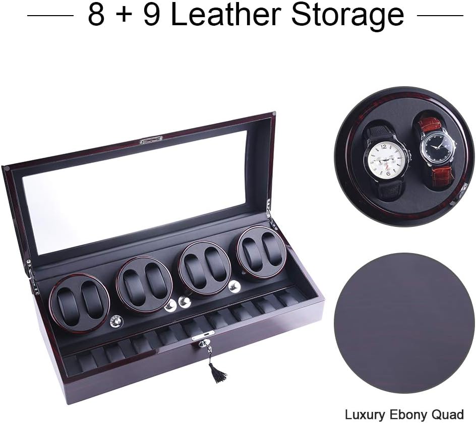 XTELARY Automatic Watch Winder, Watch Winders with 8 Winder Positions, 9 Storage Spaces, Super Quiet Motor, 4 Rotation Modes, and Dual Power Supply for Men and Women Watches