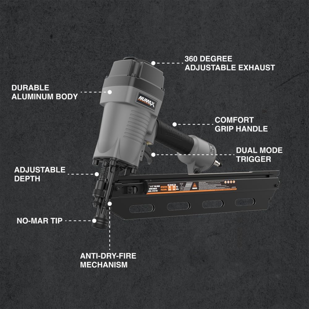 Numax 34 Degree Clipped head 3-1/2' Pneumatic Clip Head Framing Nailer | Anti-Dry-Fire, Dual Trigger, Depth Adjust, No Mar Tip, Lightweight & Durable Design | SFR3490
