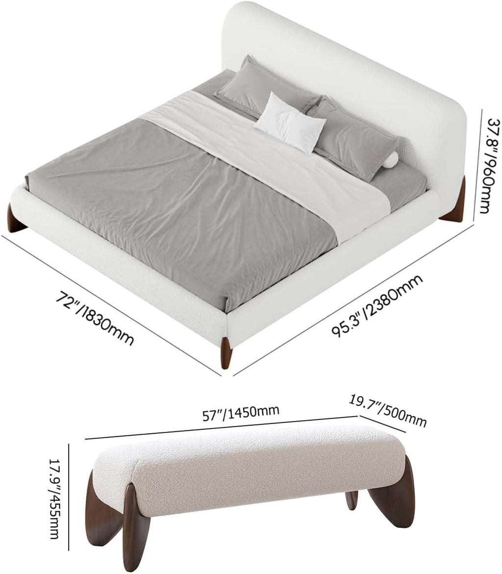 homary Modern Bedroom Furniture Set 2 Piece, White Boucle Queen Size Platform Bed Set & Bedroom Bench with Solid Rubber Wood Legs, Upholstered Headboard for Master Suite or Guest Room